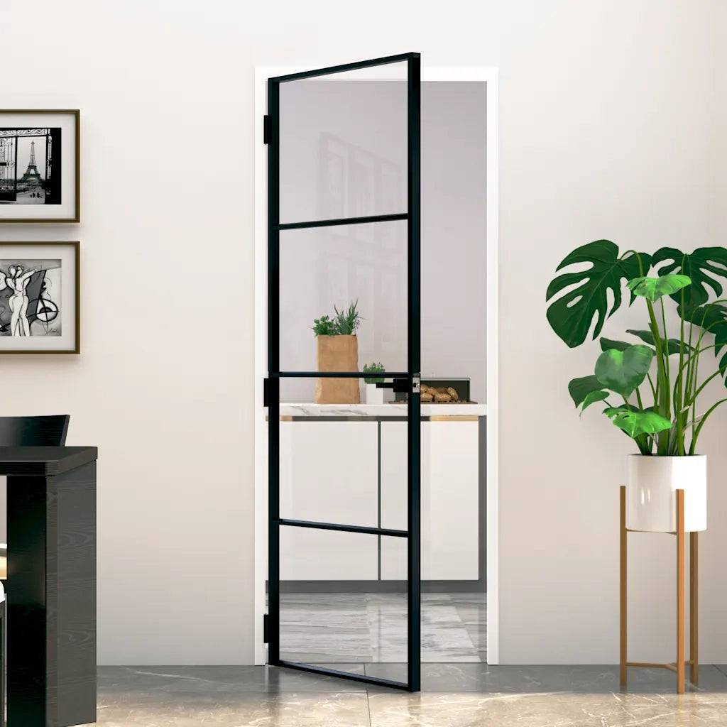 Porta Interna Nera 76x201,5cm Vetro Temperato Alluminio Sottile 153658