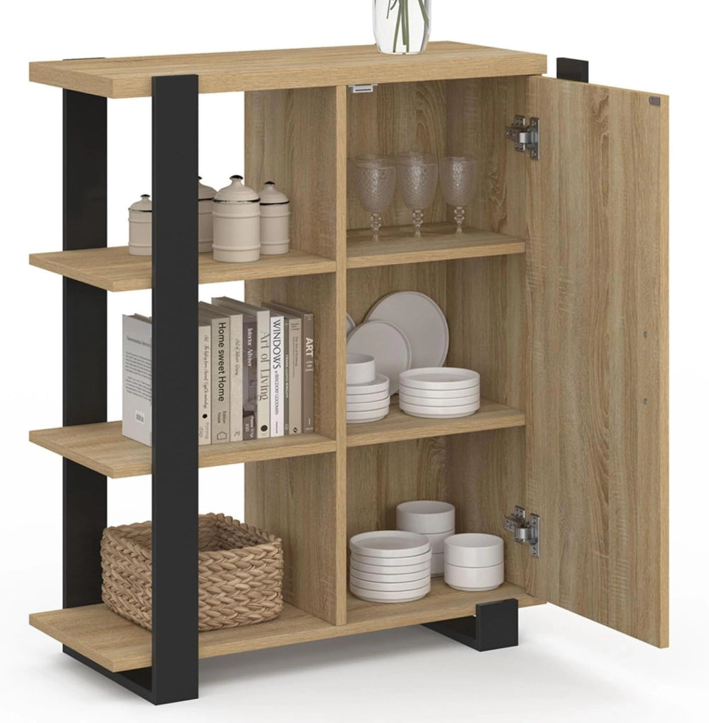 Credenza PHOENIX a 3 ripiani con armadio, 70 cm, legno e nero