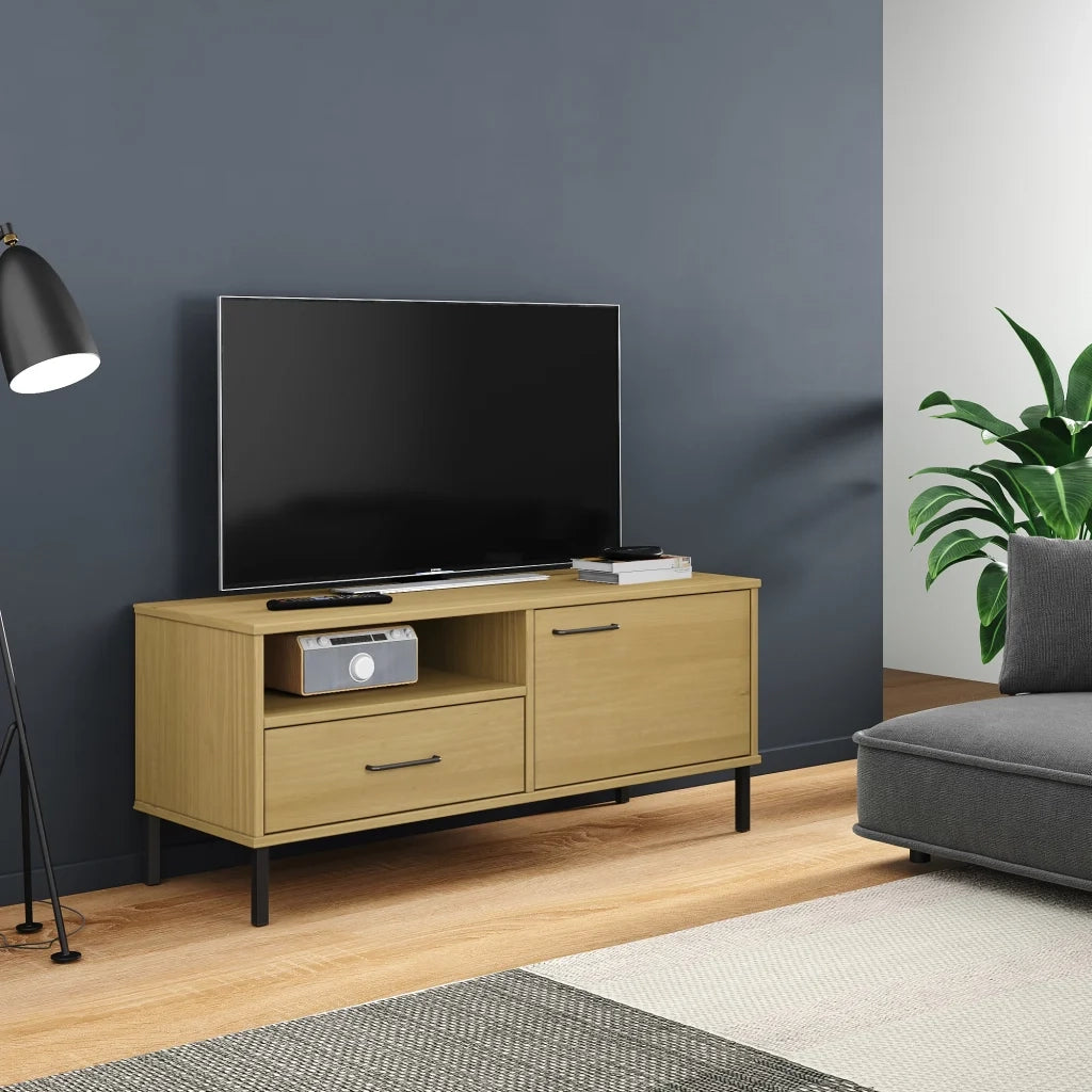 Mobile TV | Armadietto TV | Mobile Porta TV con Gambe Metallo Marrone Legno Massello di Pino OSLO