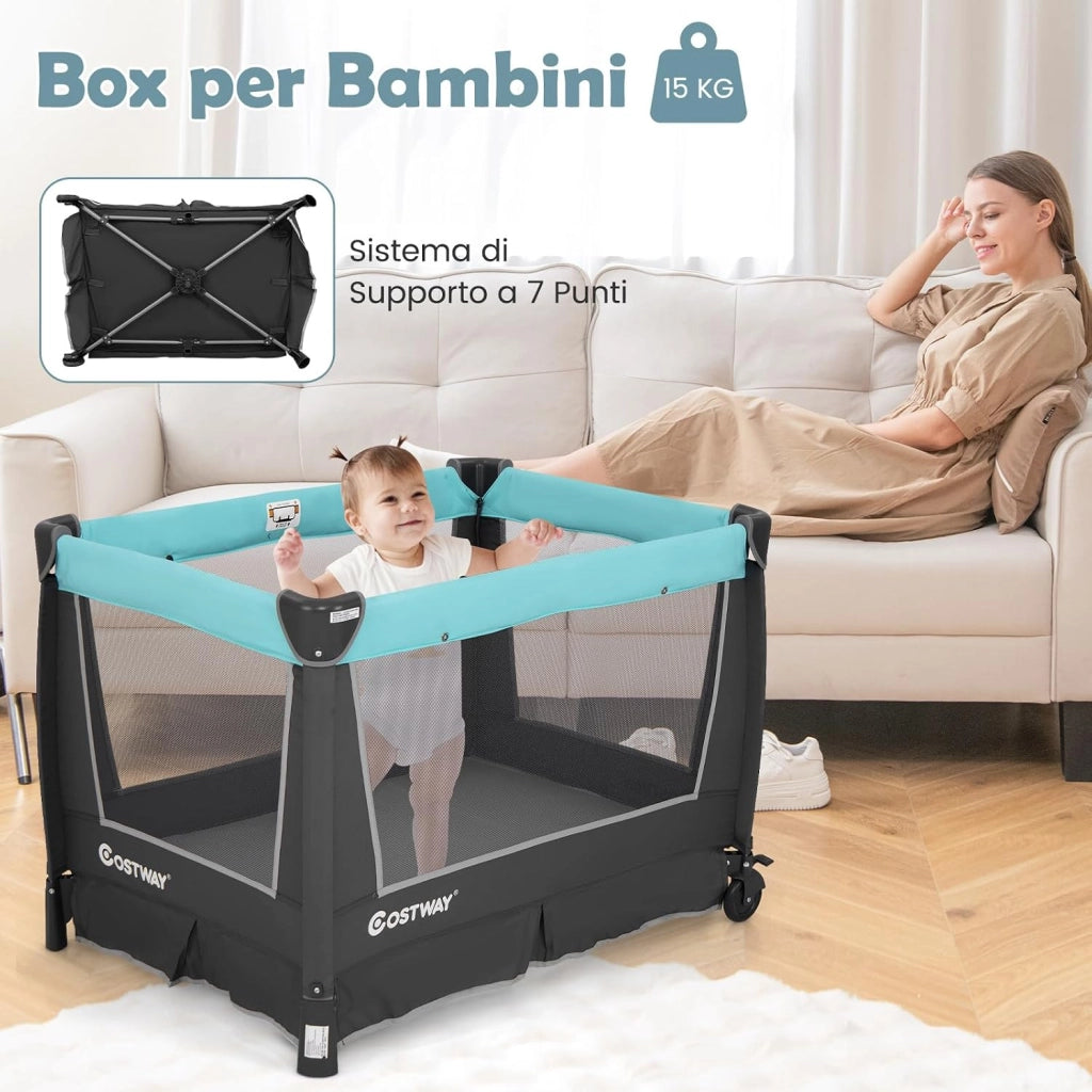 Lettino da Campeggio Pieghevole 5 in 1, Box Bambini con Culla Removibile, Fasciatoio, Materasso, Ripiano Portaoggetti, Ruote Bloccabili, per Bambini 0-36 Mesi (Verde, 103 x 74 x 73 cm)
