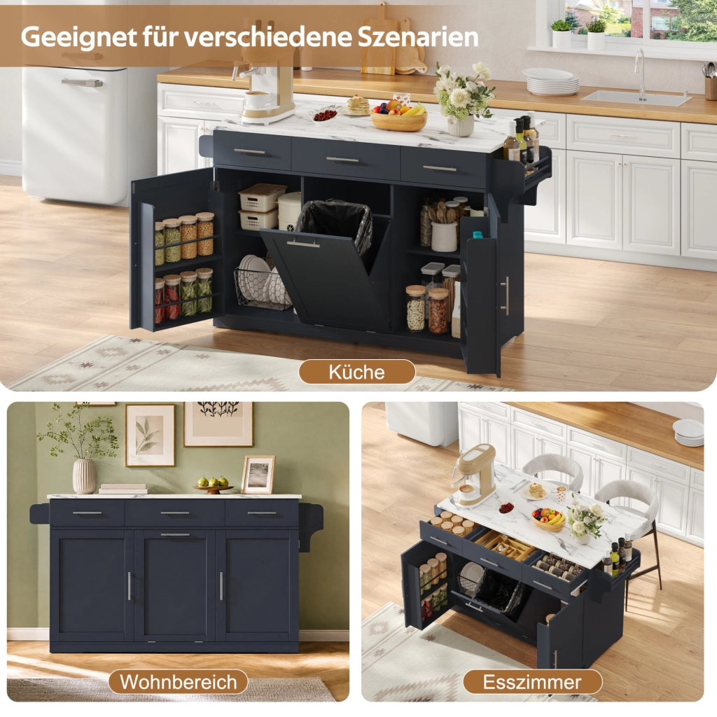 Isola cucina mobile grigia con piano pieghevole, prese e cassetti