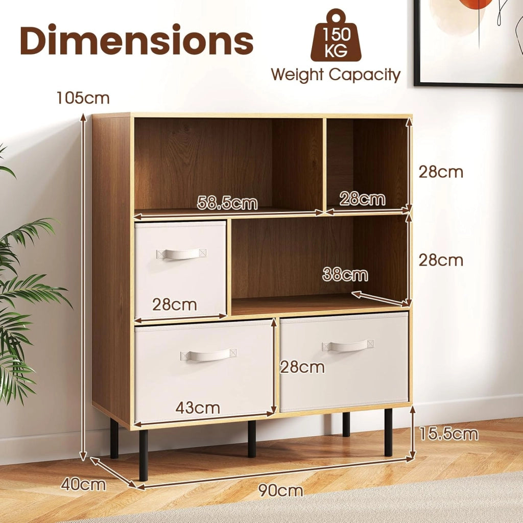 Libreria a 6 cubi, 3 ripiani, con 3 cesti in tessuto pieghevoli rimovibili e 2 protezioni antiribaltamento, libreria autoportante per casa e ufficio, 90 x 40 x 105 cm