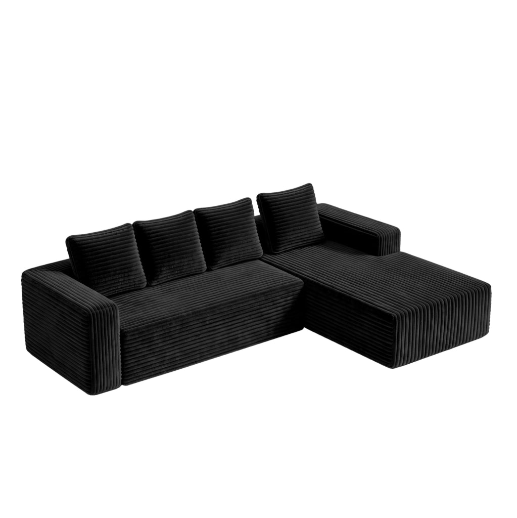 Divano modulare angolare con chaise longue reversibile; velluto a coste nero