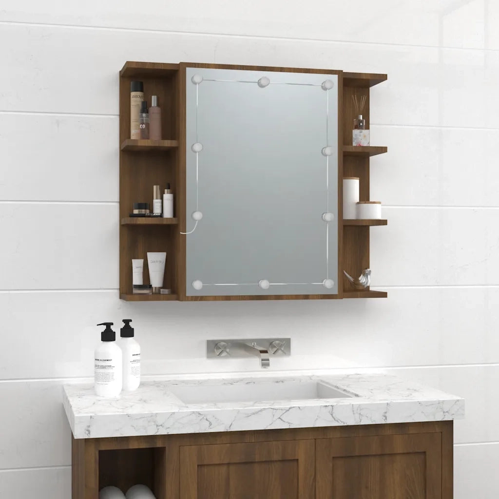 Mobile a Specchio con LED Rovere Marrone 70x16,5x60 cm 820453