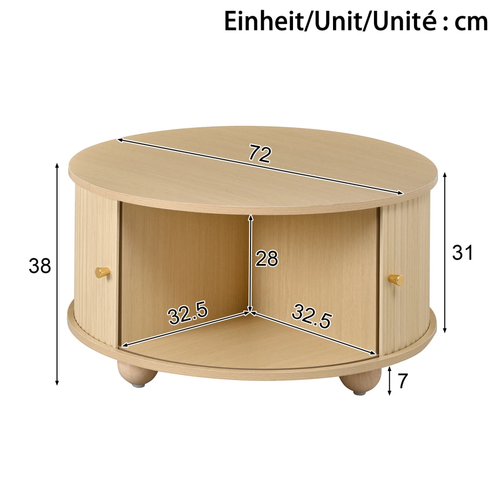 Tavolino basso rotondo con 2 ante scorrevoli, 4 vani interni e struttura in MDF, naturale, 72 × 72 × 38 cm
