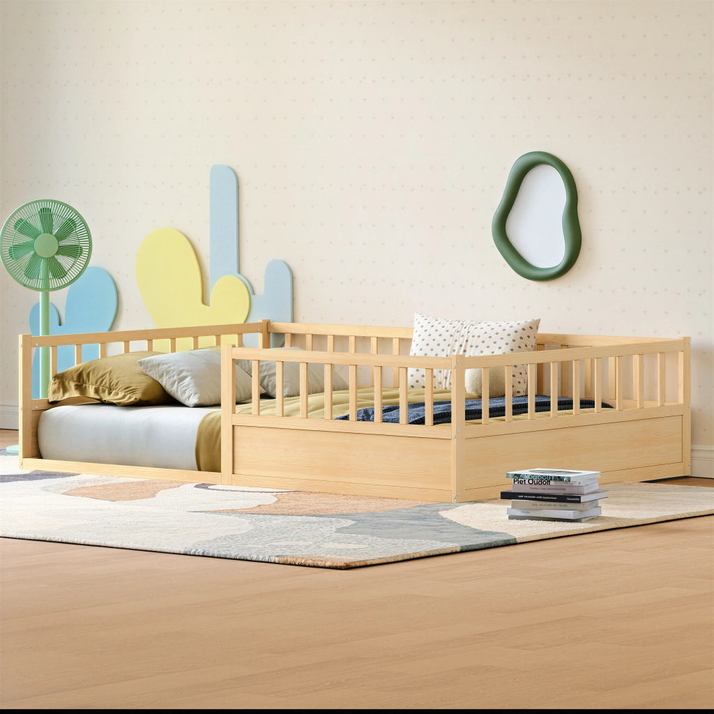 Letto per bambini, 140 x 200 cm, struttura in legno massello, sponde di sicurezza, colore naturale