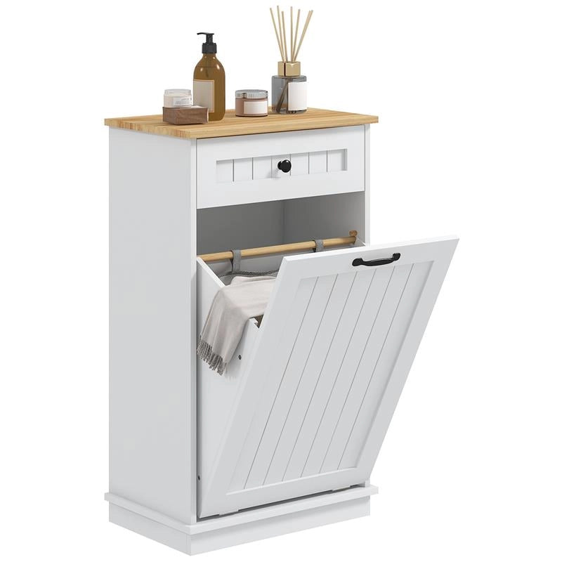 MOBILETTO BAGNO IN LEGNO CON CESTO PORTABIANCHERIA IN TESSUTO RIBALTABILE E CASSETTO BIANCO