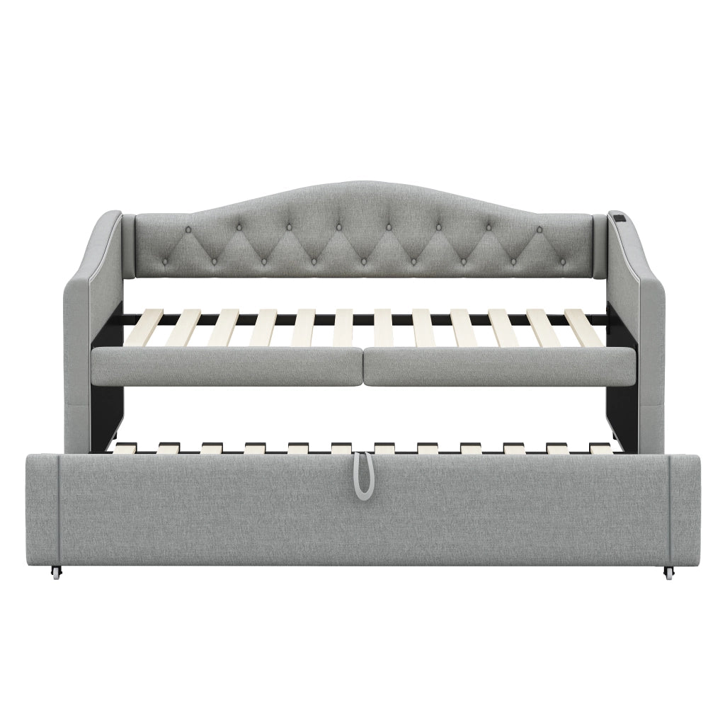 Divano letto estraibile - Zephmum- 90x200 cm, Grigio, Tessuto lino, USB, classico