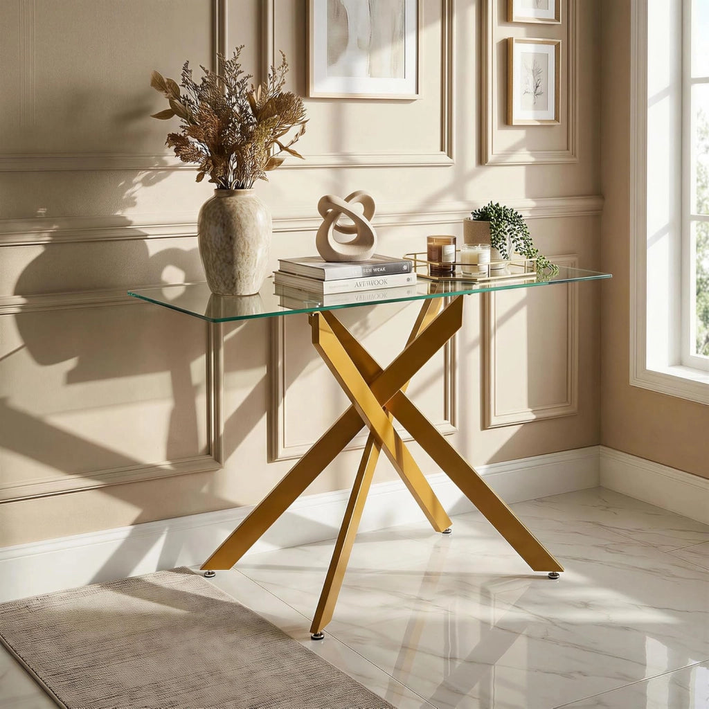 Tavolo Consolle in Vetro Temperato 115 x 45 x 78 cm, Consolle Ingresso Telaio Robusto con Gambe in Metallo Incrociate e Piedini Regolabili, Salvaspazio, per Soggiorno e Corridoio