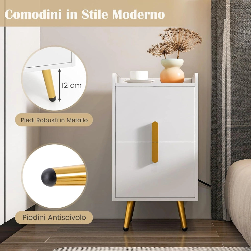 Comodino con Stazione di Ricarica, Comodino con 2 Cassetti, 2 Porte USB e 3 Prese, Tavolino Leterale con Gambe in Metallo, Portata Tolate 20 kg, 32 x 40 x 60 cm (2, Bianco)