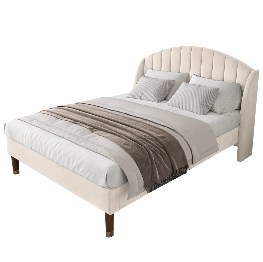 Letto imbottito 140x190 cm; con testiera e rete a doghe; velluto beige