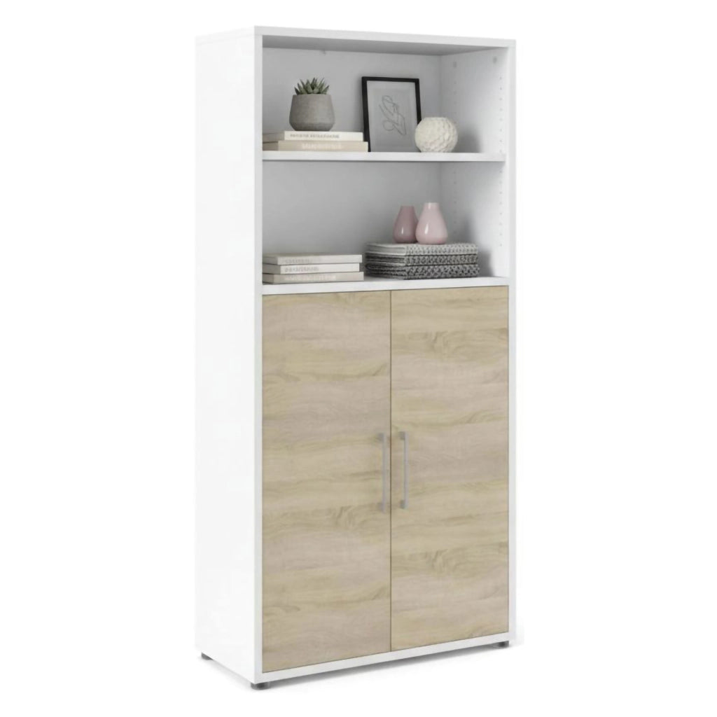 Credenza Saotome, Buffet da soggiorno, Madia da salotto, Dispensa da cucina, 89x40 h186 cm, Bianco e Quercia