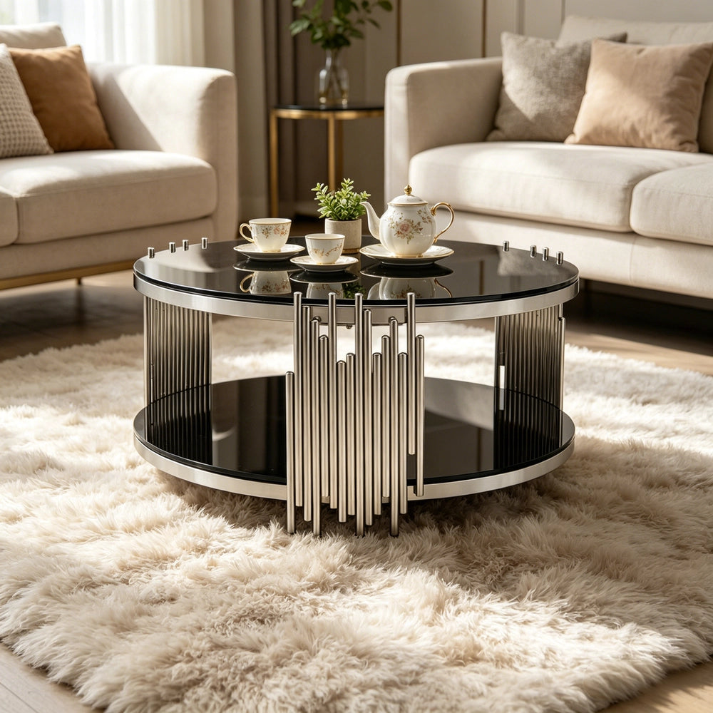 Tavolino da Caff¨¨ Rotondo in Vetro ¨C MINIMAL ¨C Nero, Piano Doppio, Base Acciaio, ?80 cm