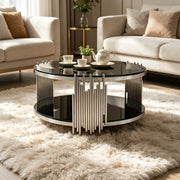 Tavolino da Caff¨¨ Rotondo in Vetro ¨C MINIMAL ¨C Nero, Piano Doppio, Base Acciaio, ?80 cm