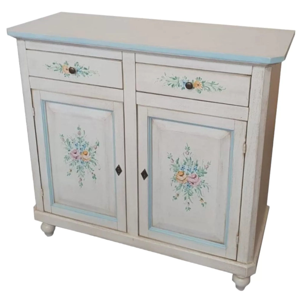 Madia credenza 2 porte bianco invecchiato decori azzurro 104x43x98 - Mobili 2G