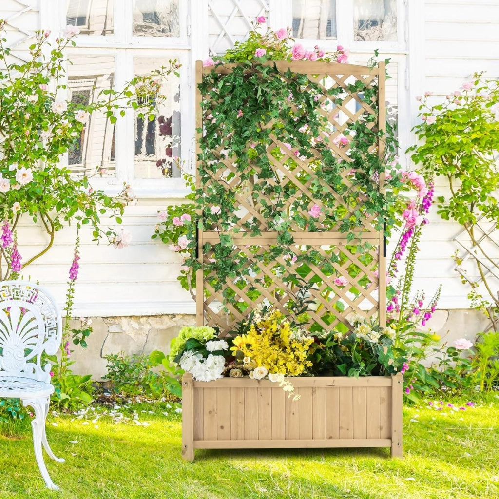 Letto da giardino rialzato con fioriera traliccio fori di drenaggio, Fioriera in legno 180cm da esterno Naturale