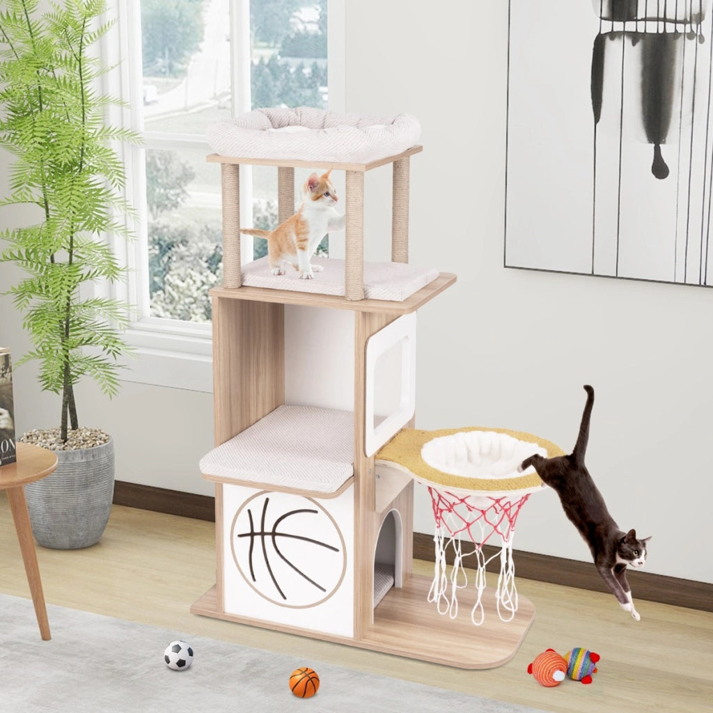 Albero per gatti in legno con 2 posatoi amaca posti per graffiare in sisal, Torre per gatti a tema sportivo di 120cm Naturale