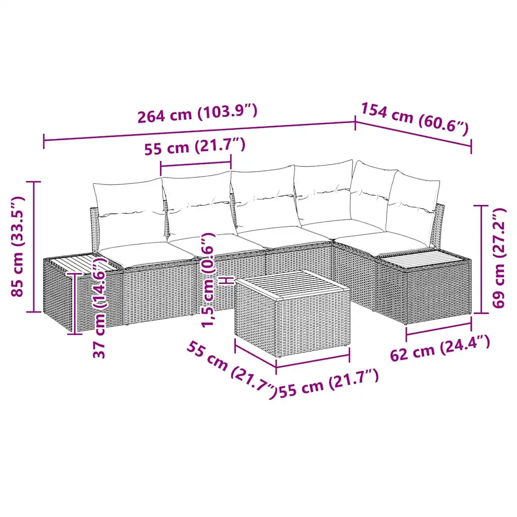 Set Divano da Giardino con cuscino 6 pcs Nero Poly Rattan 3348088