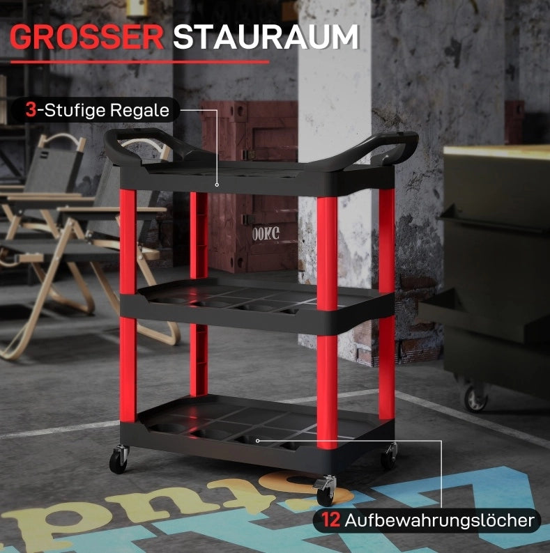 Carrello portautensili in plastica con 3 ripiani e ruote