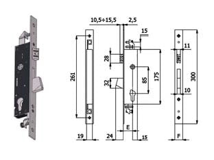 SERRATURA TRIPLICE INFIL. PER MONTANTI CATENACCIO E SCROCCO 1410  mm.30 interasse mm.85 (1410.30.25)    OMEC