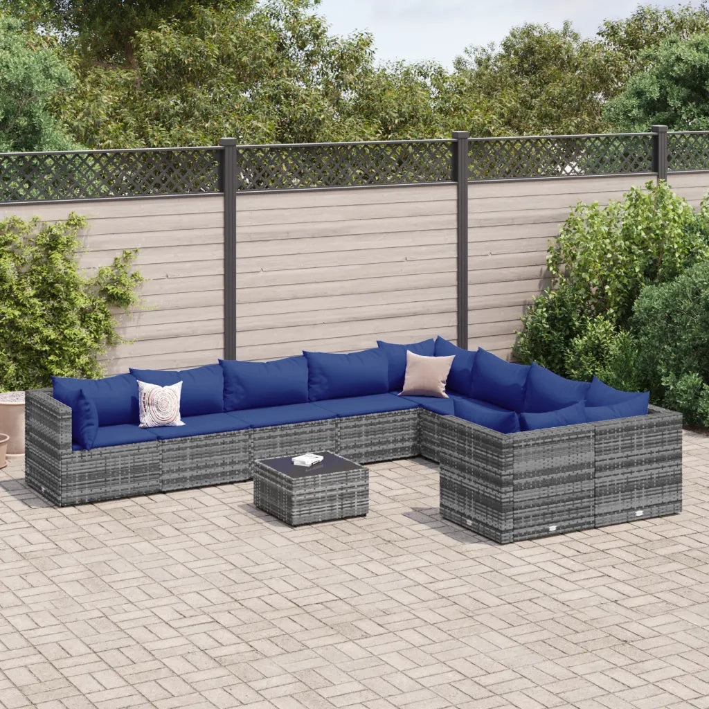 vidaXL Set Divano da Giardino 10 pz con Cuscini Grigio in Polyrattan