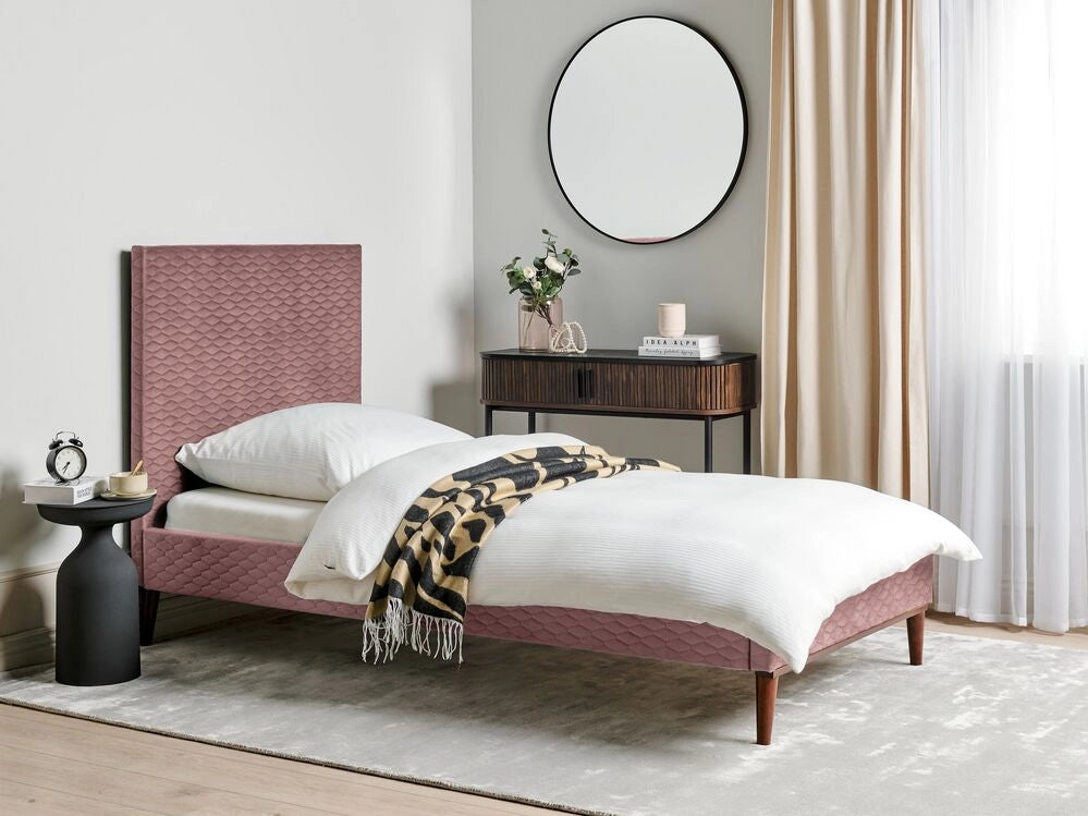 Letto imbottito in velluto rosa 90 x 200 con struttura imbottita a nido d'ape trapuntato stile classico