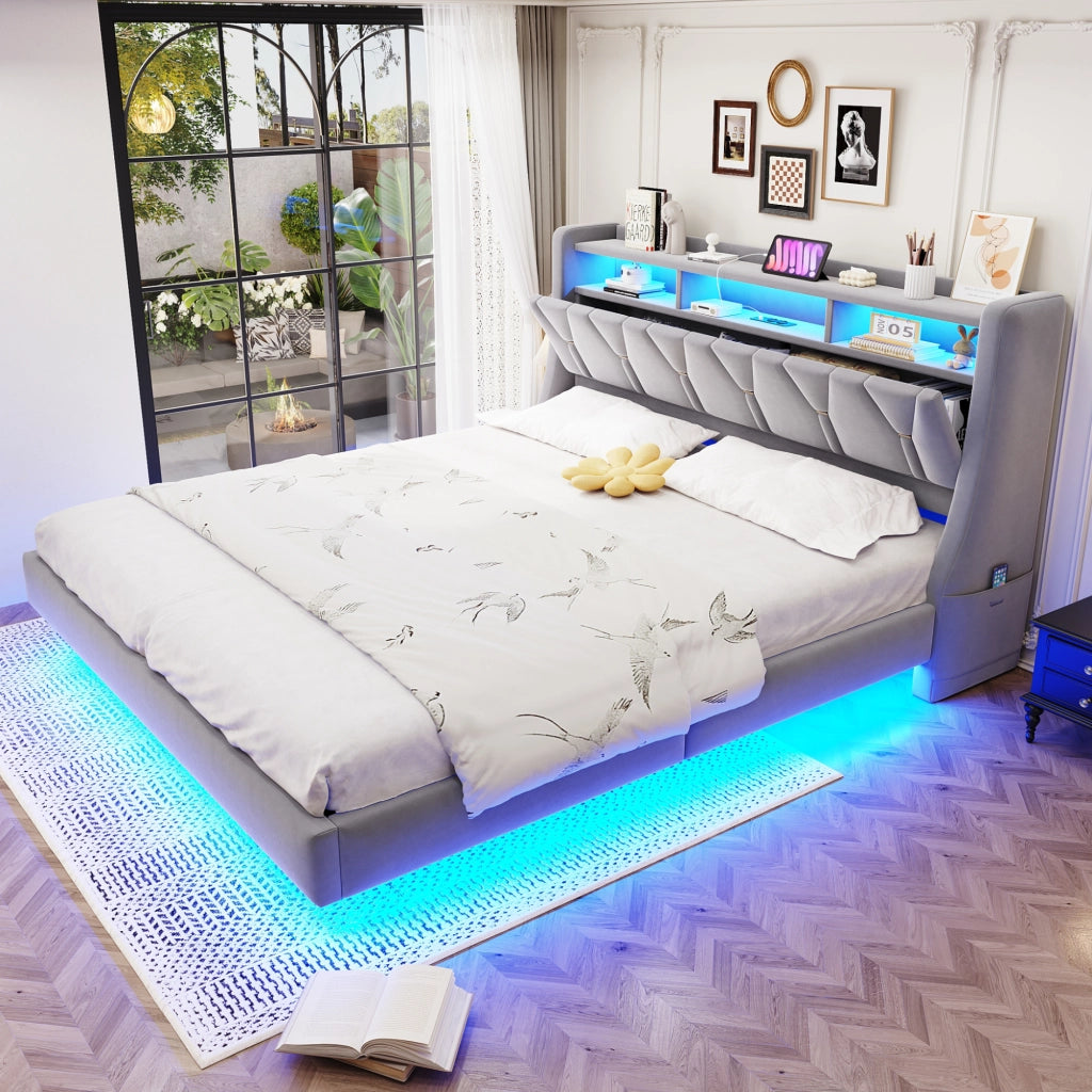 Letto imbottito 180x200 cm con testiera ribaltabile, prese USB e Type-C, LED e struttura in velluto grigio chiaro