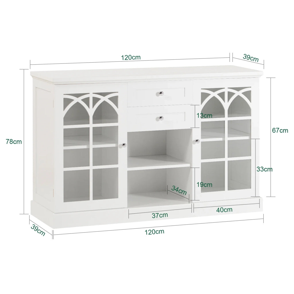 Credenza con 2 ante in vetro e 2 cassetti, Mobile da cucina, Mobile da soggiorno, Buffet, Mobile contenitore, Bianco, 120x39x78cm FSB79-W SoBuy