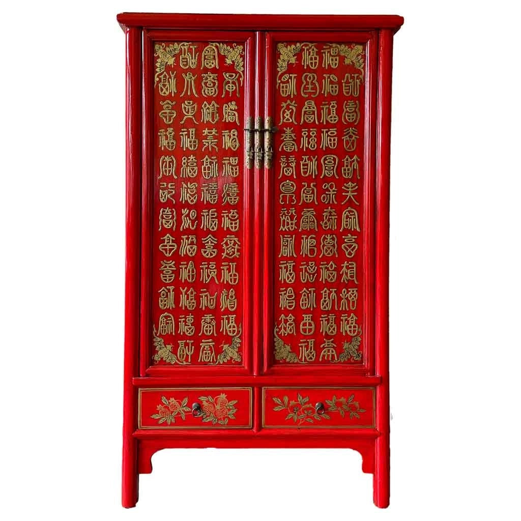 Armadio in legno dipinto a mano, 2 porte e 2 cassetti, rosso 100x57x183