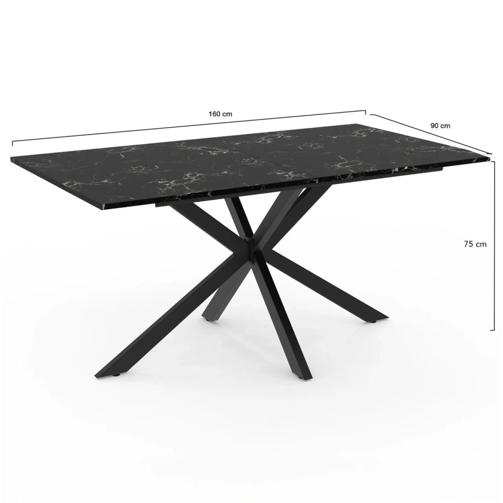 IDMarket - Tavolo da pranzo rettangolare ALASKA per 8 persone con effetto marmo nero e gamba a ragno in metallo 160 cm