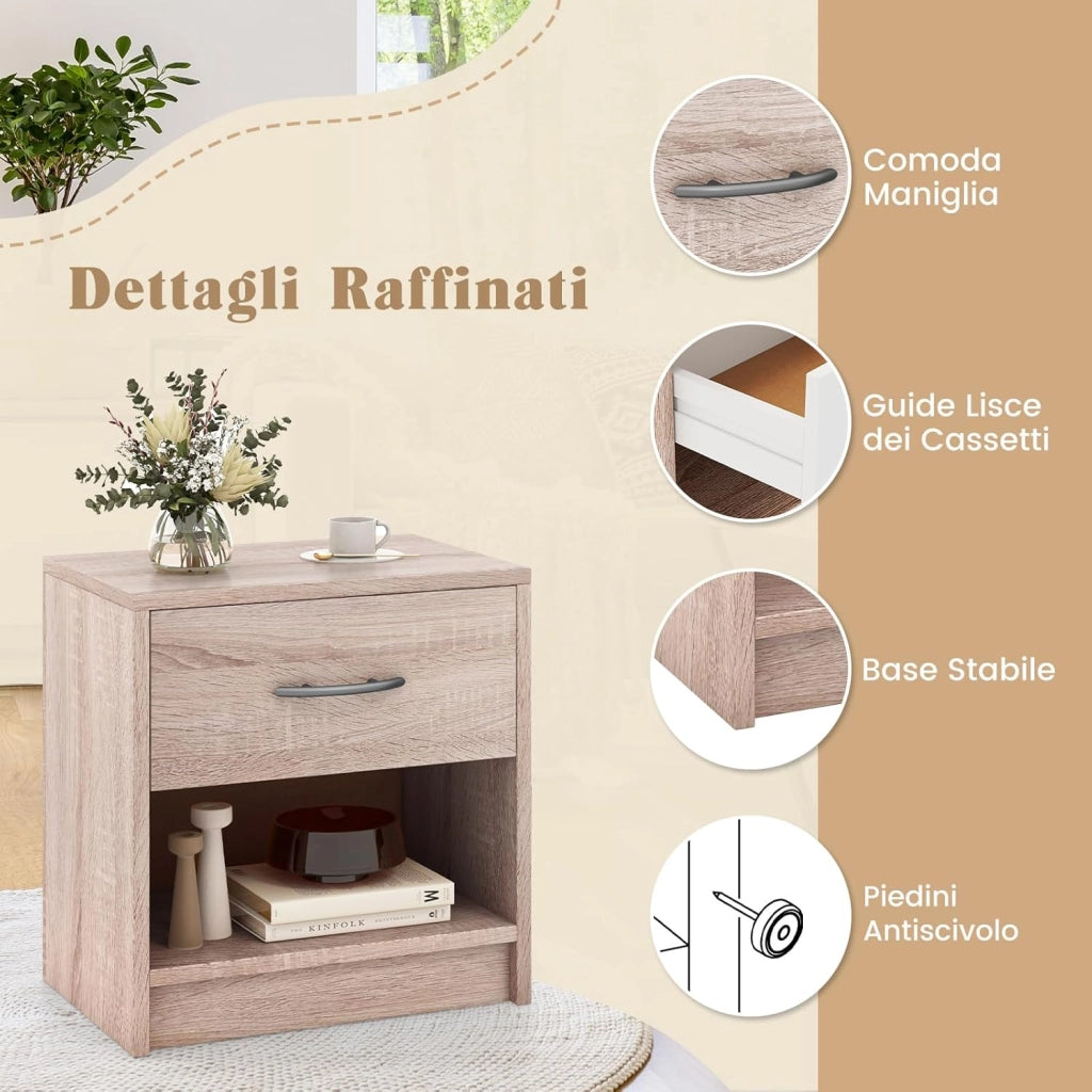 COSTWAY Comodino 38,5 x 28 x 40,5cm in Legno, Tavolino Salvaspazio con Scomparto Aperto e Casseto per Soggiorno e Camera da Letto (Naturale)