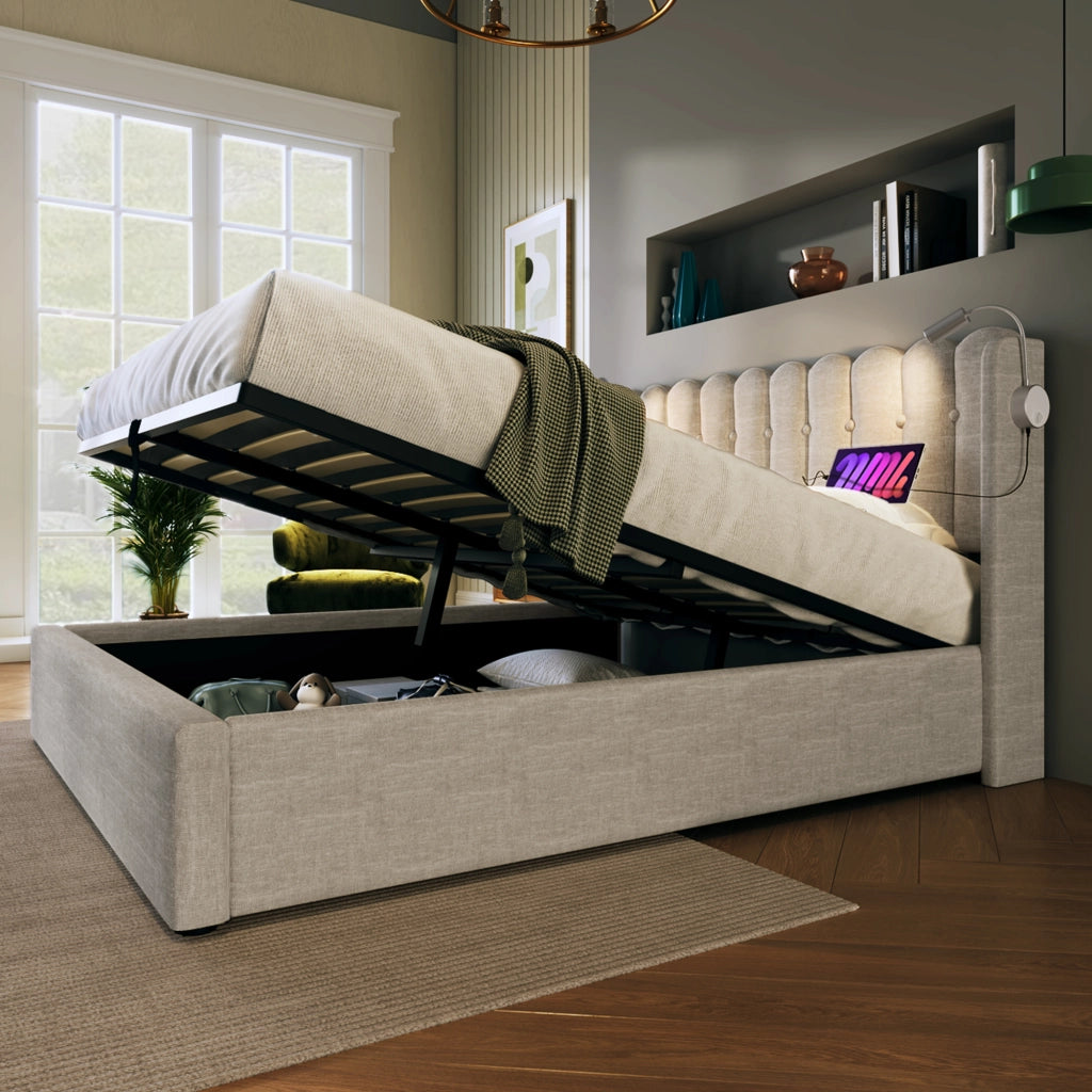 LETTO Contenitore 140x200 cm in lino beige con materasso incluso, luce da lettura e USB