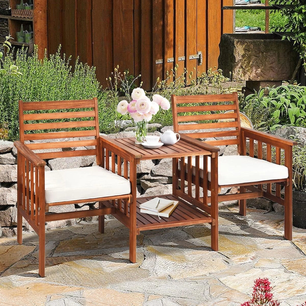 Panca da giardino in legno di acacia con foro per l'ombrellone, 165 x 65 x 88 cm, per giardino, balcone e terrazza (bianco)