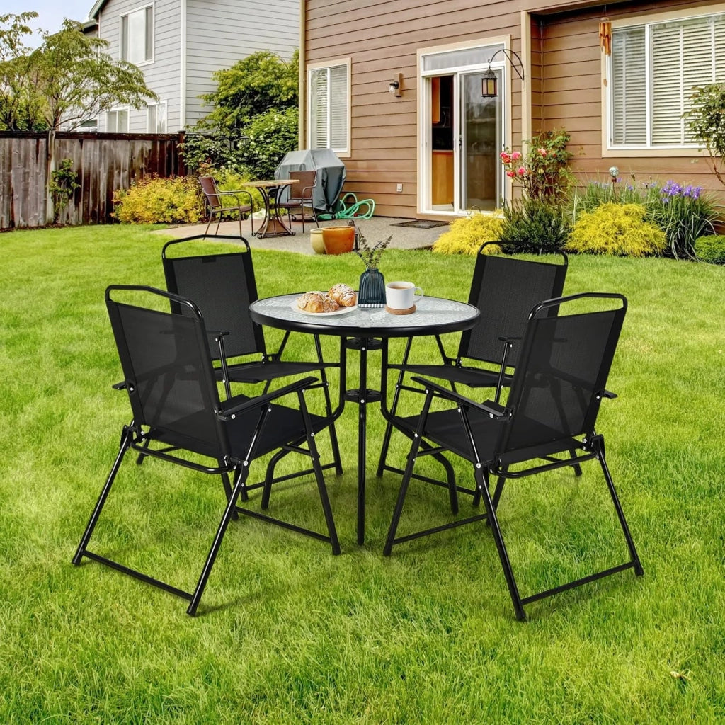 Set di Mobili da Giardino da 6 Pezzi, Tavolino da Caffè con Ombrellone, Piano in Vetro Temperato e 4 Sedie Pieghevoli, Set da Pranzo da Patio Terrazza Bordo Piscina