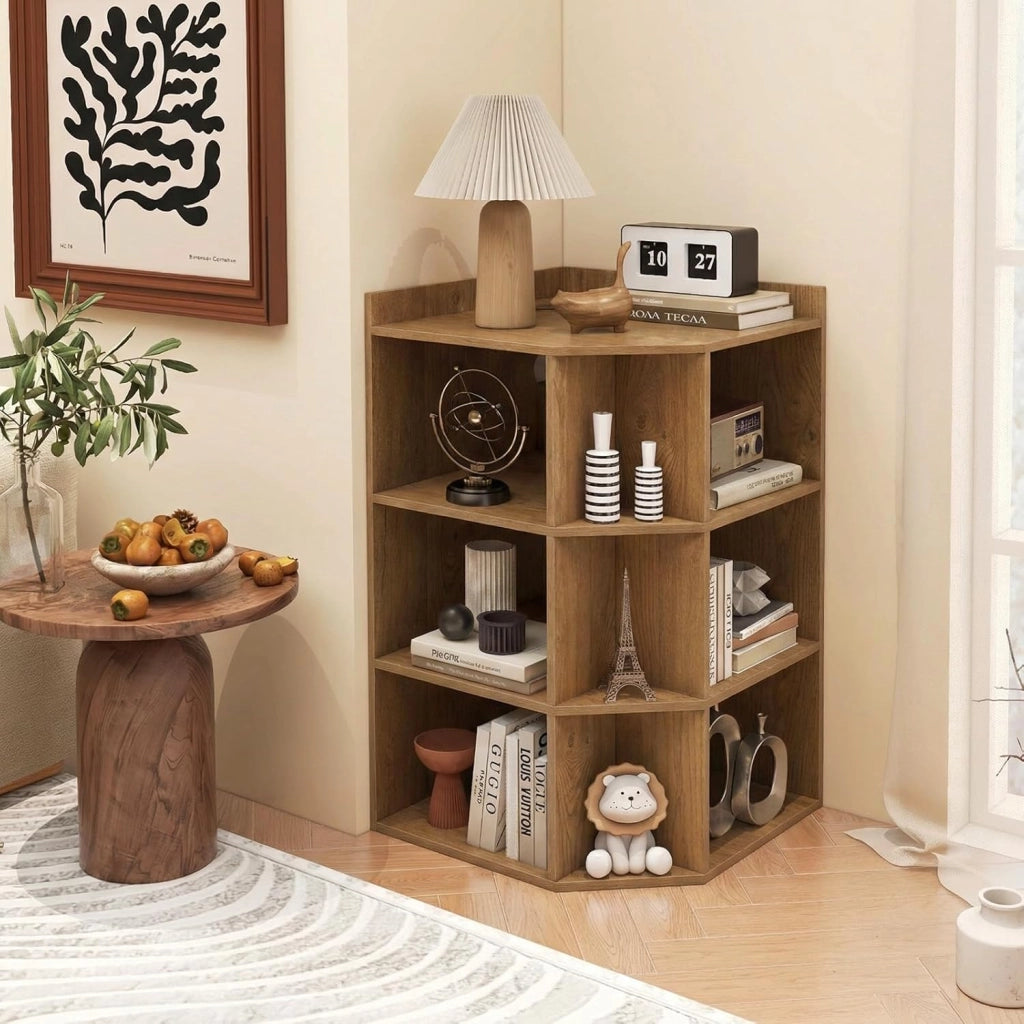 Mobile ad Angolo a 3 Livelli in Legno, Libreria Angolare Aperta con Stazione di Ricarica 9 Cubi 2 Porte USB e 4 Prese, Adatto per Spazi Ridotti, 51x71,5x86 cm (Naturale)