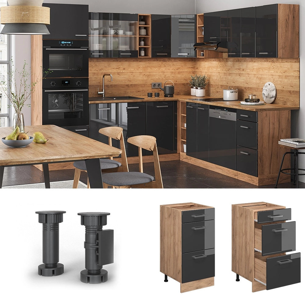 Mobiletto base per cucina R-Line Antracite lucido/Rovere dorato 40 cm con cassetti, senza piano di lavoro Vicco