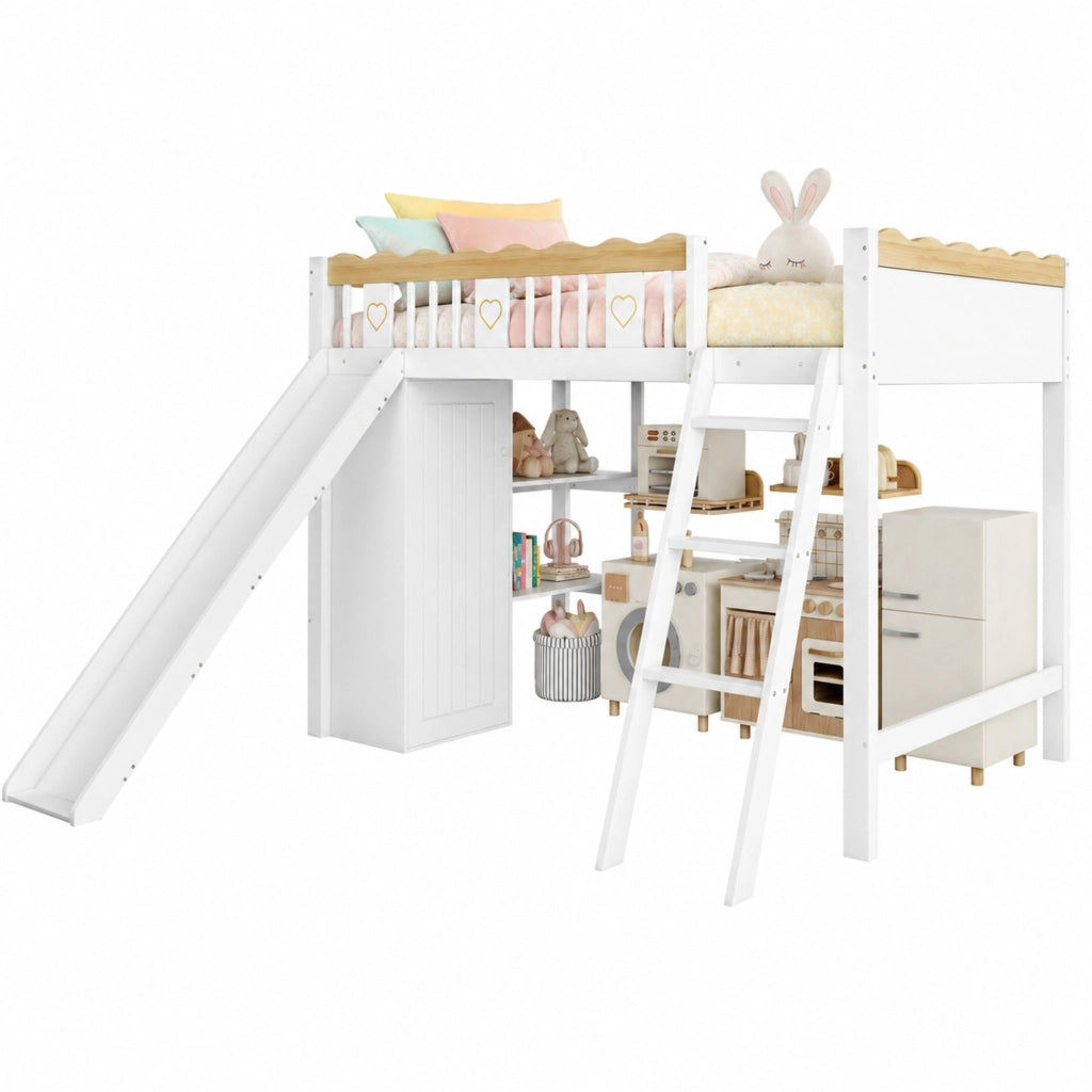 Letto a soppalco per bambini 90x200 cm con scivolo; armadio e mobile contenitore; bianco e naturale