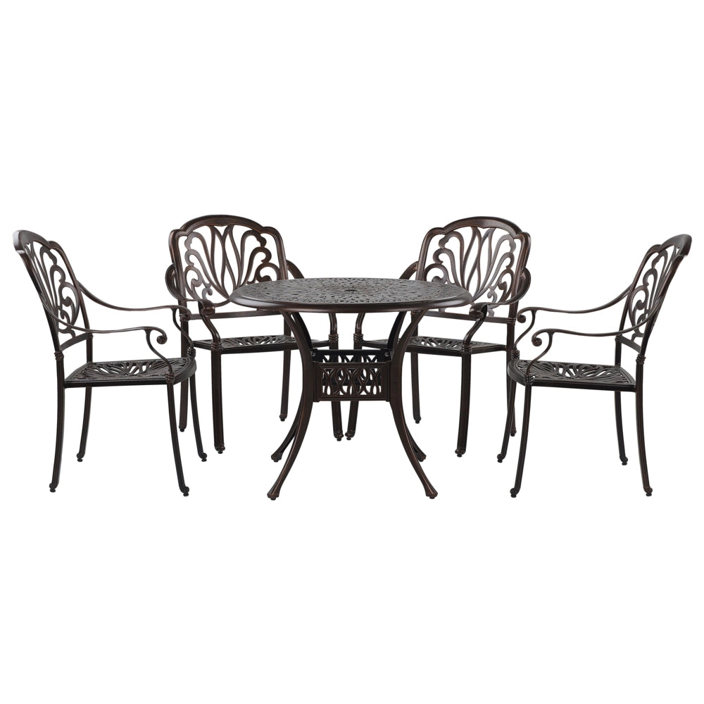 Set da pranzo da giardino Tavolo da esterno in alluminio marrone 4 sedie Cuscino per sedile in poliestere
