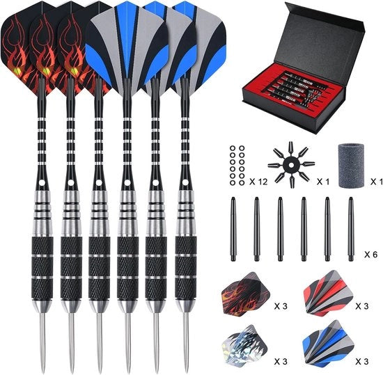 3/6 set di dardi da steeldart, punte di dardo in metallo, dardi in acciaio con manici in PVC, gambe di acciaio inox antiscivolo, volanti, anelli di gomma antislittamento.