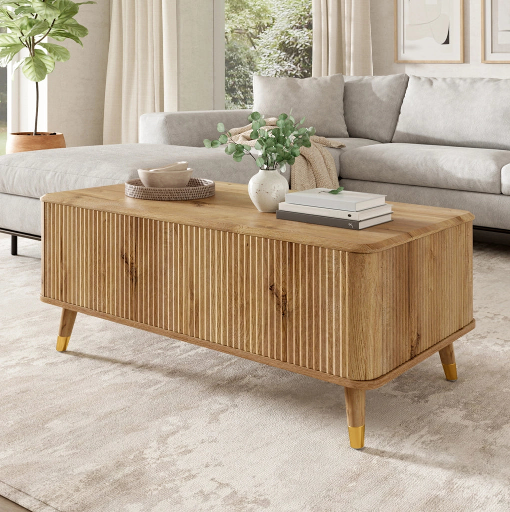 Tavolino da caffè sollevabile con vano contenitore 97x52x56;5 cm MDF e legno naturale