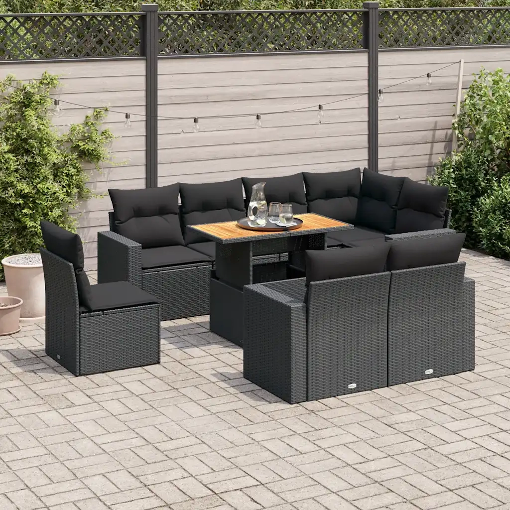 Set Divani da Giardino 9 pz con Cuscini Nero in Polyrattan 3327051