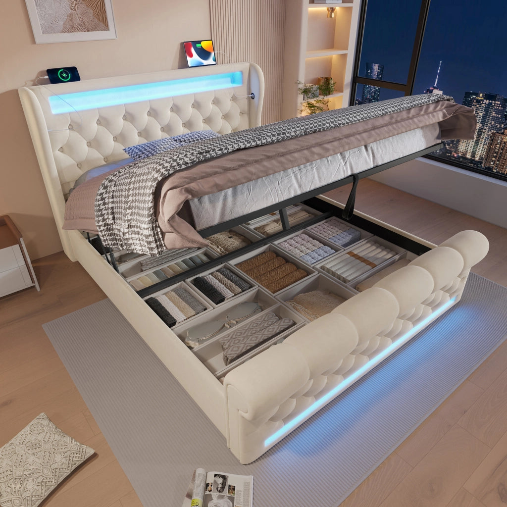 Letto matrimoniale imbottito 140x190 cm con LED, USB e porta Type-C, contenitore idraulico, beige