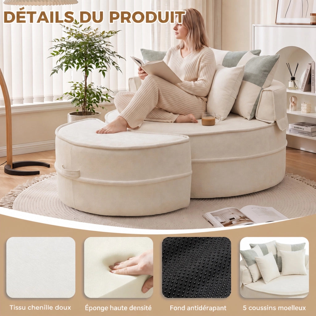 Sedia lounge rotonda senza montaggio con 5 cuscini e ottomana in schiuma beige per soggiorno 121 × 107 cm