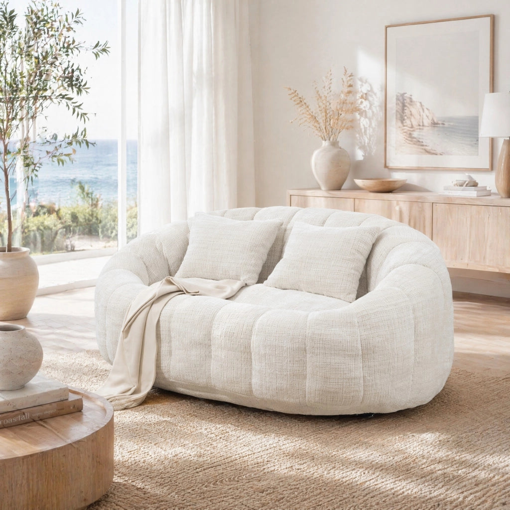 Sacco poltrona a due posti in ciniglia beige; 150x95x63 cm; con schiuma memory