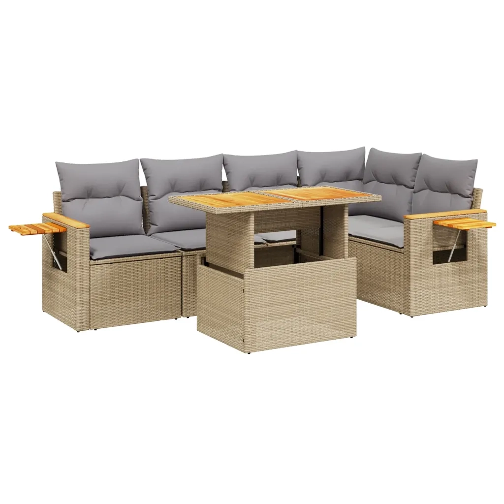 Set Divano da Giardino 6 pz con Cuscini Beige in Polyrattan