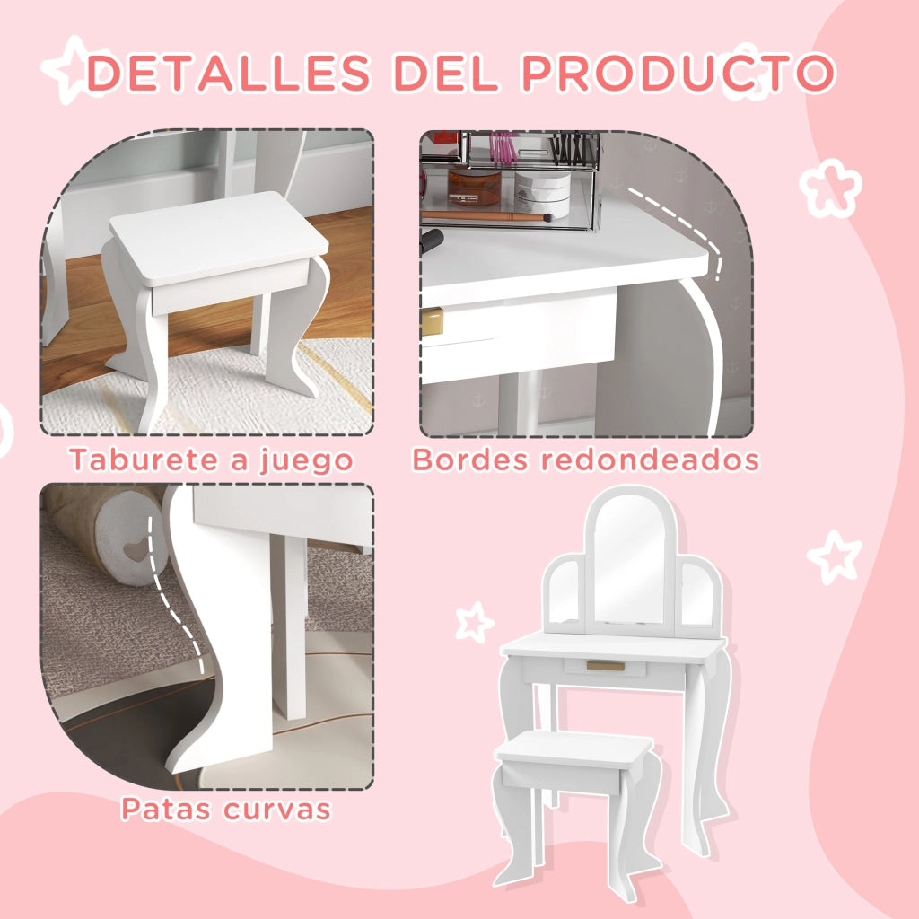 Toeletta per Bambini con Specchio e Sgabello ¨C Xylo ¨C Bianco con Cassetto 3-6 Anni
