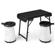 Set campeggio pieghevole da 3 pezzi con tavolo e sgabelli LED, Tavolino e sedie portatili e leggeri Nero-Tavoli e sedie da campeggio