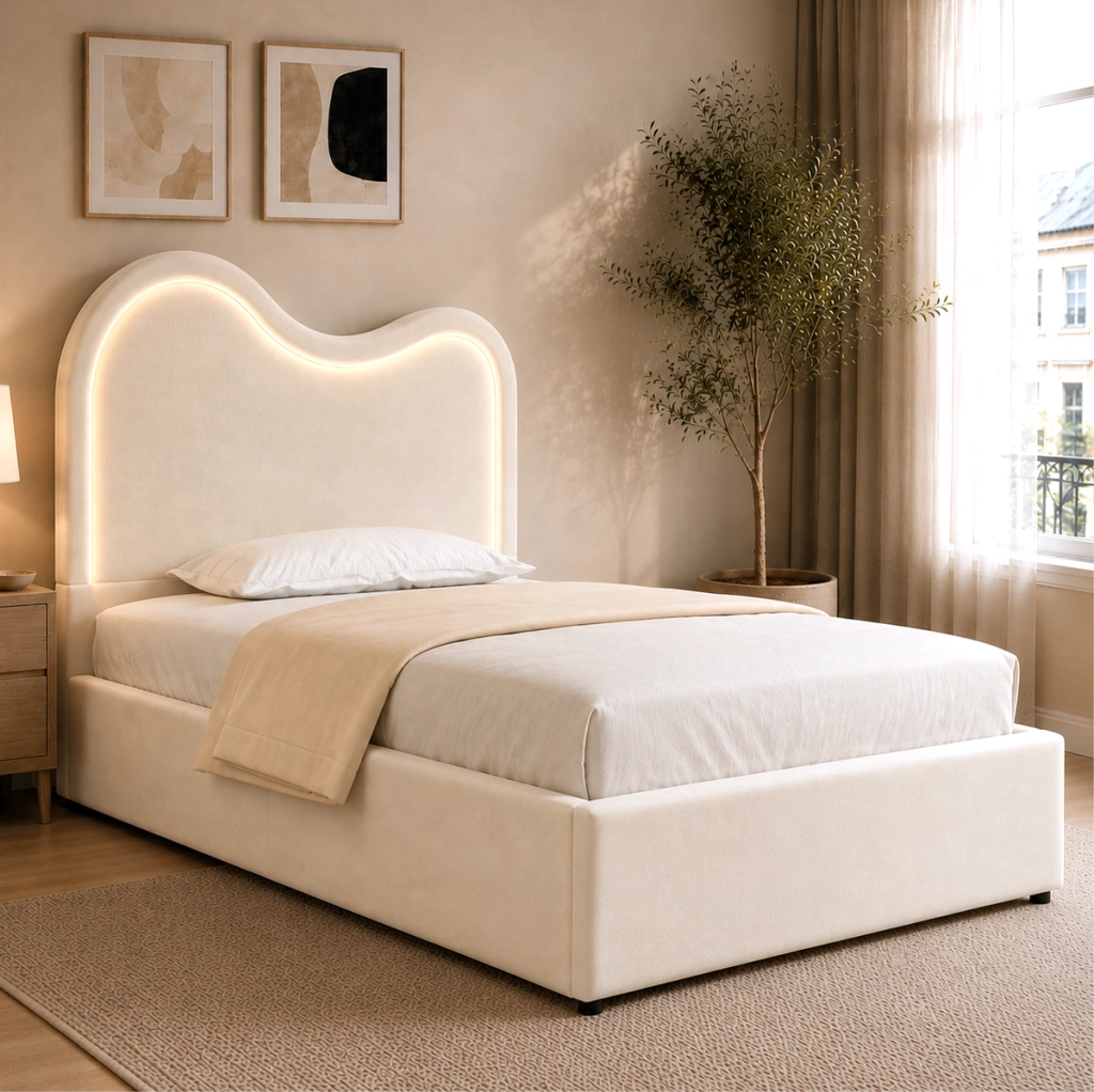 Letto singolo imbottito per bambini 90x200 cm con contenitore idraulico; rete a doghe e LED; beige