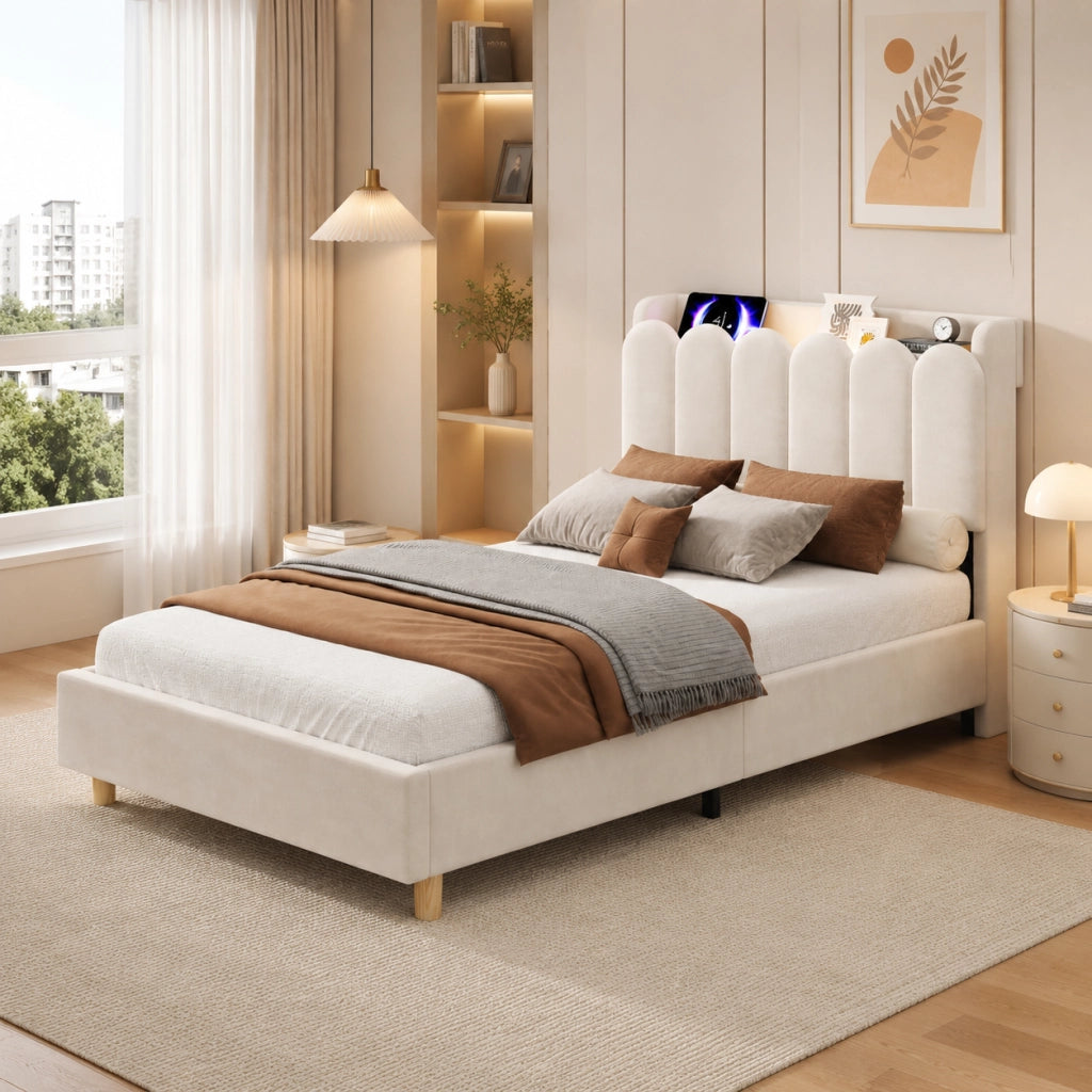Letto singolo imbottito 90x200 cm in velluto beige, testiera contenitore, USB/Type-C e lampada da lettura