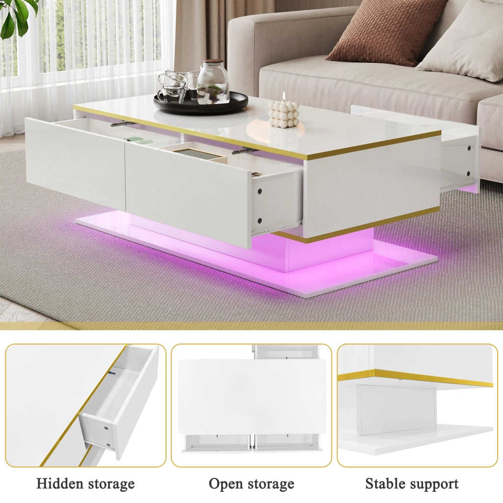 OKWISH Tavolino da Salotto con 3 Cassetti, 1 Vano Aperto e LED Regolabile, Finitura Lucida Parziale, 100 x 50 x 40 cm